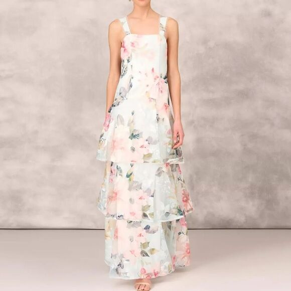 NWT AIDAN MATTOX FLORAL PRINT EMBROIDERED LONG A-LINE GOWN - Picture 2 of 8